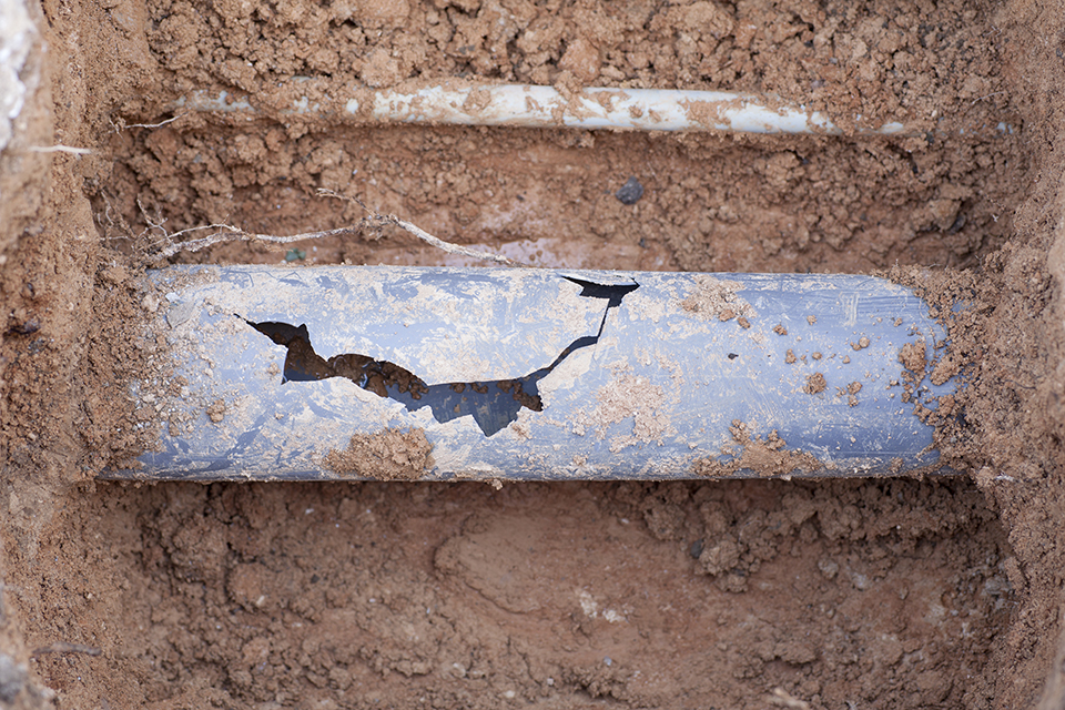 A broken sewer pipe in need of septic system service